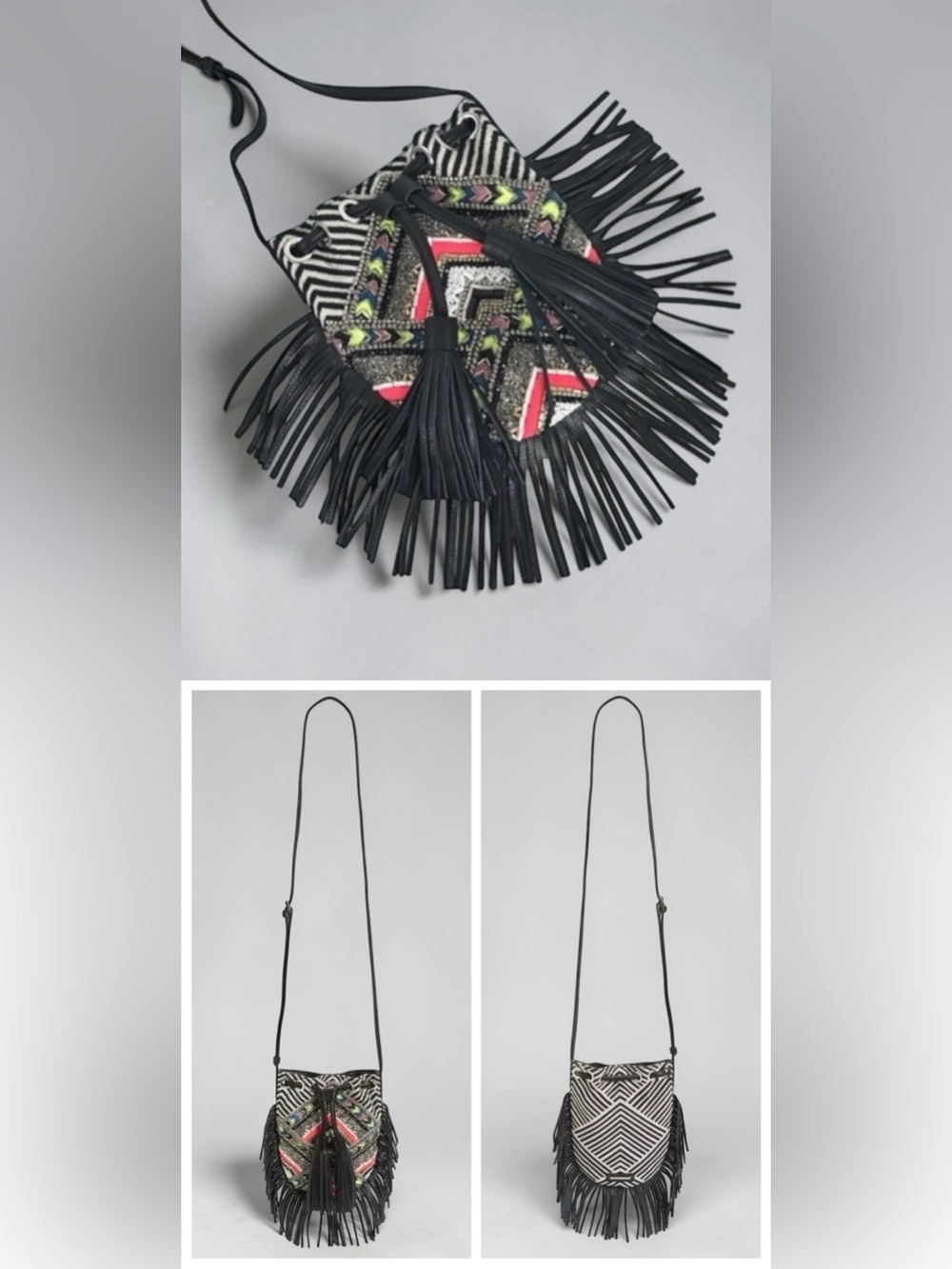 NWT Rebecca Minkoff Wonder
Canvas Leather Fringe Beaded
Crossbody Bag